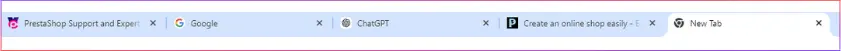 Browser window showing multiple open tabs including PrestaShop, Google, ChatGPT, and an online shop creation site