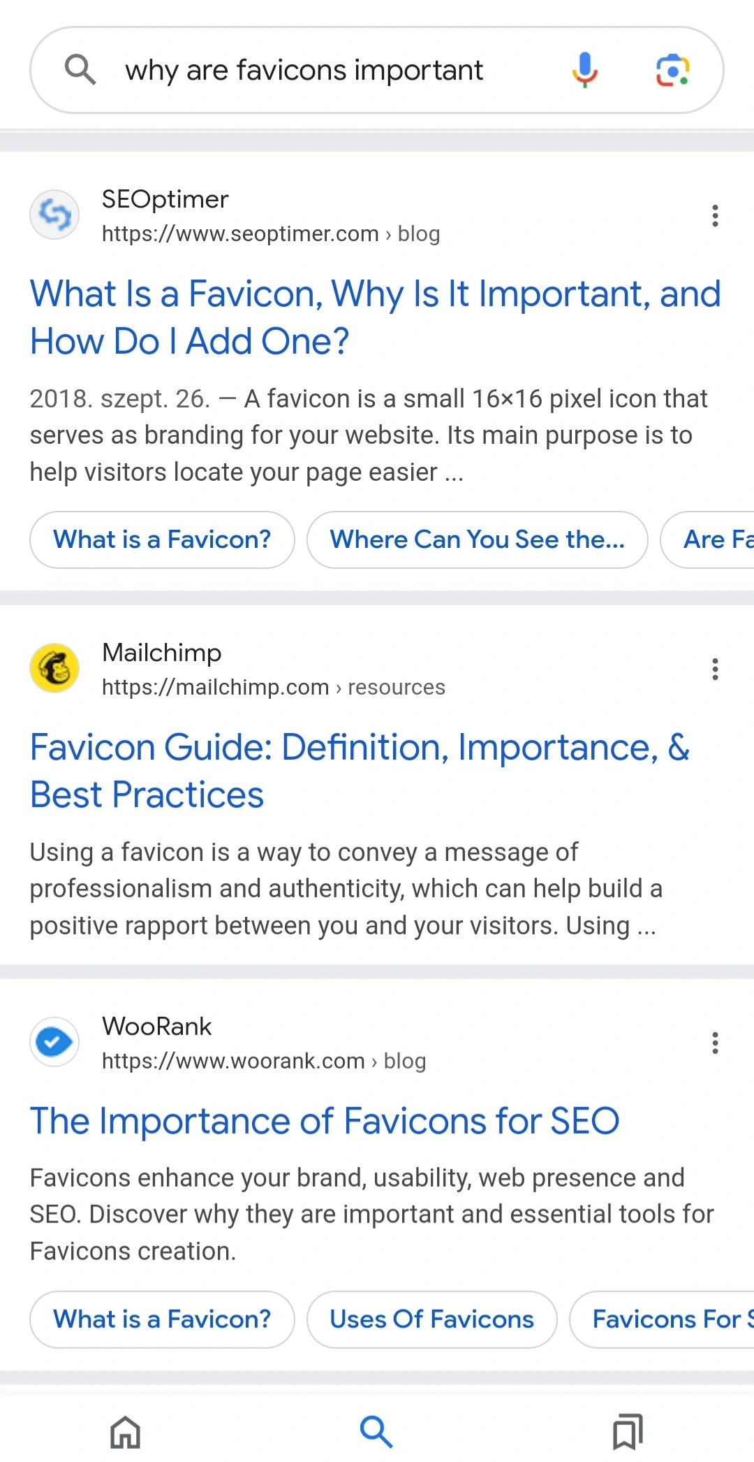 Google search results for 'why are favicons important' with multiple links from SEOptimer, Mailchimp, and WooRank