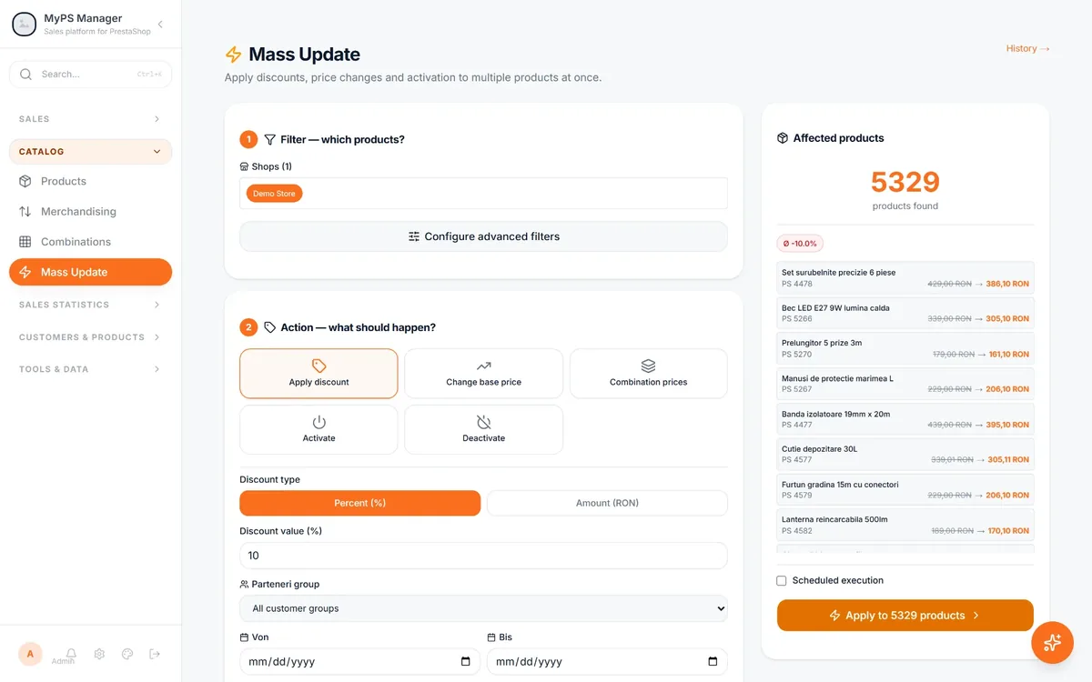 MyPS Manager Mass Update screen: filter the products, choose a 10 percent discount and preview the new price of each product