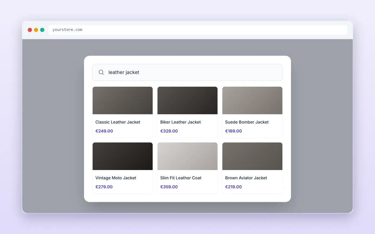 Ultrafast Search overlay mode: the query leather jacket shows a grid of six products with prices over the shop page