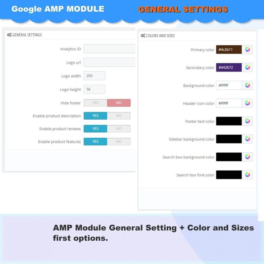 Configuración general del módulo AMP + primeras opciones de colores y tamaños.